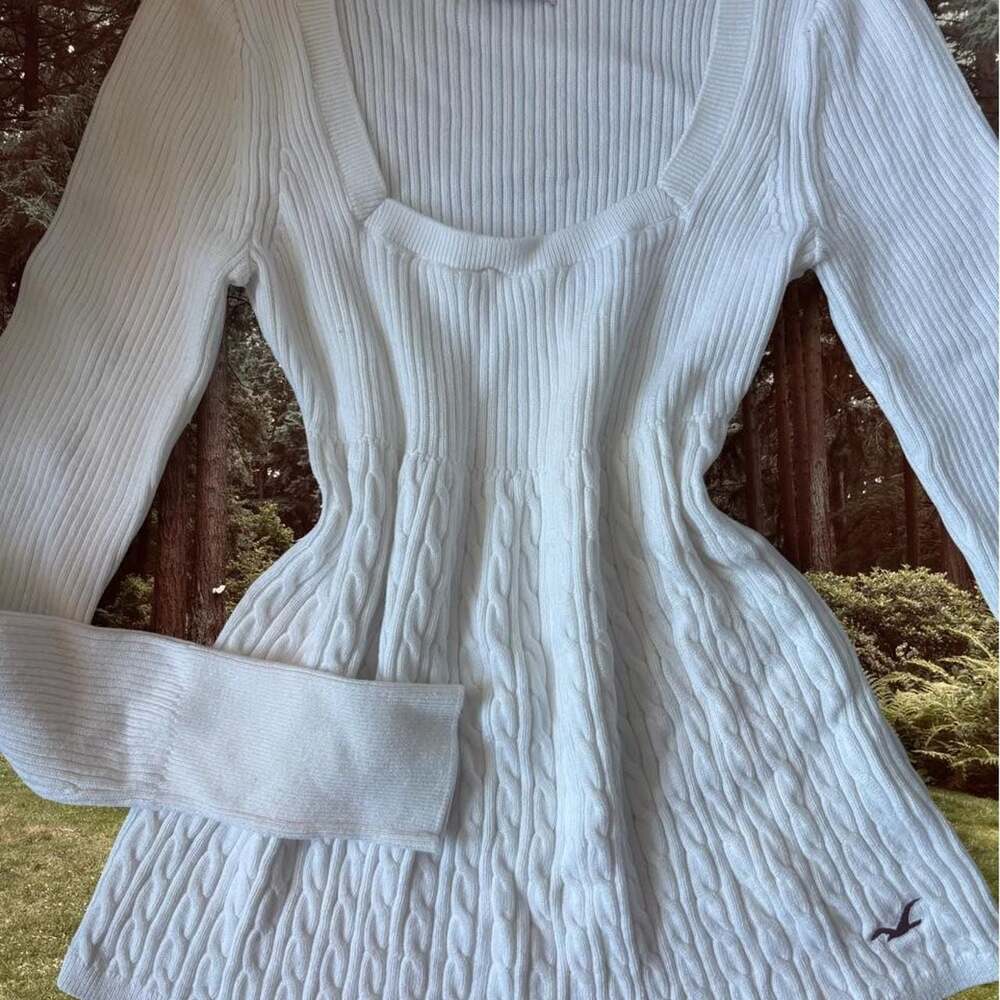 Hollister White Cable Knit Scoop Neck Babydoll Sweater Top
